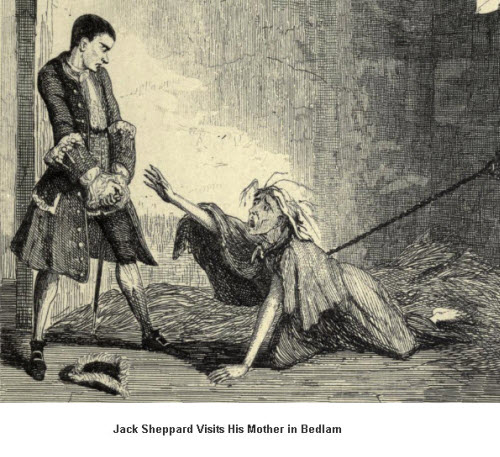 George Cruikshank - illustration: Jack Sheppard Visits His Mother at Bedlam, a Mental Hospital  
